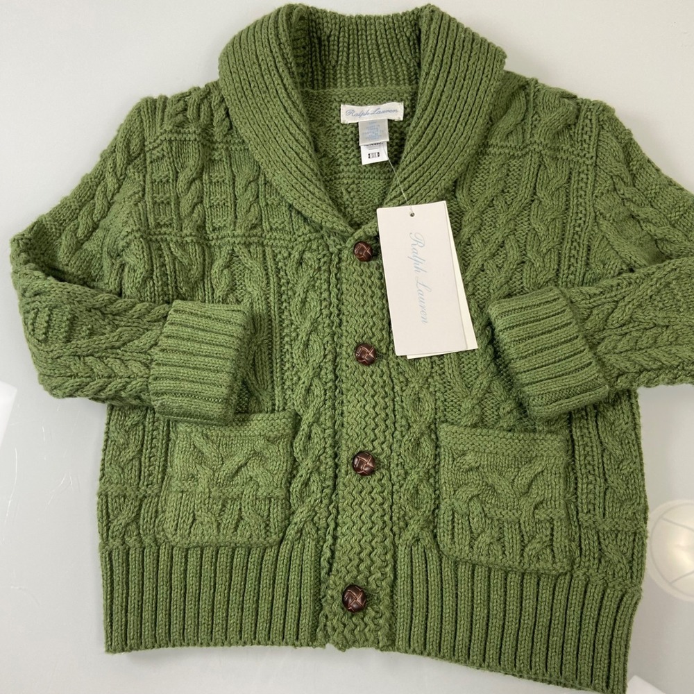 Ralph Lauren Baby Boy 18M Green Aran Cable Knit‎ Shawl Collar Cardigan Sweater
